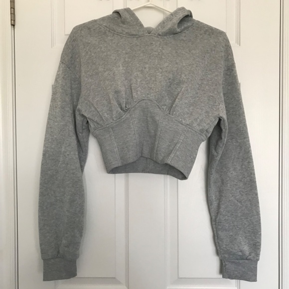 New Look Long Sleeve Short Cropped Pullover Hoodie M Light Grey Sweater Top - Picture 7 of 11